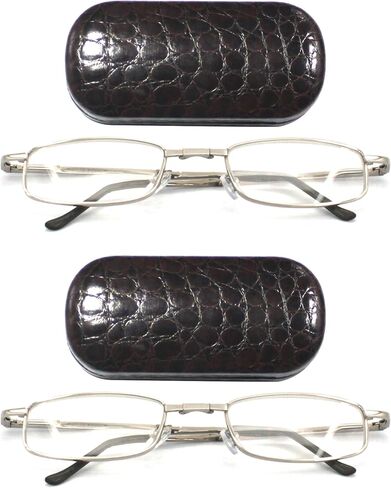 Compact Rectangular Metal Folding Reading Glasses with Leather Case for Men and Women in Kuwait