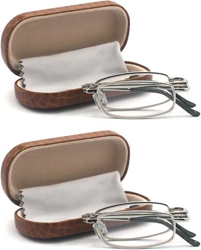 Compact Rectangular Metal Folding Reading Glasses with Leather Case for Men and Women in Kuwait