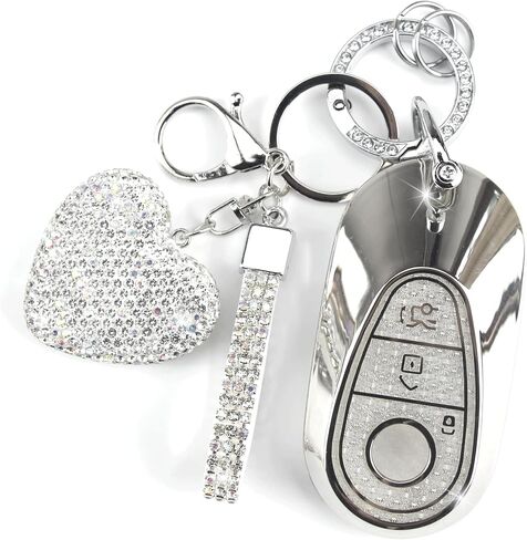 غطاء مفتاح FOB مع سلسلة مفاتيح ملائمة لـ Mercedes المتوافقة مع Benz 2020-2022 S-Class G-Class Key Protector للنساء ، 3 أزرار (فضية) in Kuwait