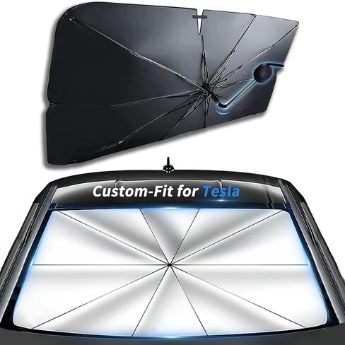 Custom-Fit for Tesla Windshield Sun Shade Umbrella, Car Sunshade Cover UV Block Car Front Window with 360°Rotation Bendable Handle, Designed for Tesla Accessories (for Tesla Model S) in Kuwait