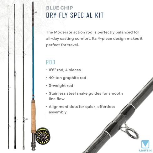 Martin Complete Fly Flying Rod and Reel Combo Kit ، 5/6-6-eight 8 أقدام من 3 أقدام من الألياف الزجاجية المعتدلة ، بكرة تحكم حافة أحداث واحدة ، خط 6 وزن ، 6 قطع ذبابة ، بني/أخضر in Kuwait