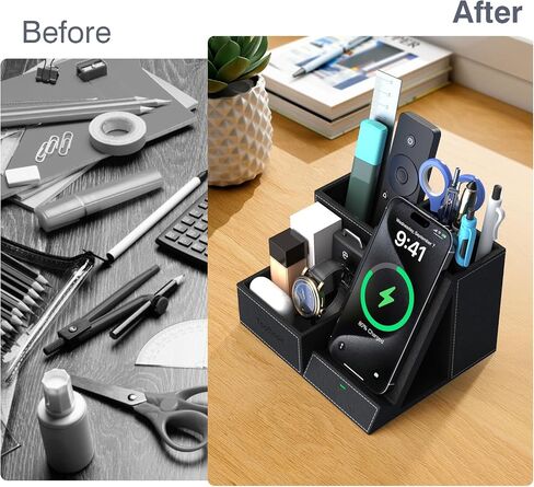 TopMade Fast Wireless Charger with Desk Organizer,Desk Storage,Multifunctional Desktop Organizer All in One Office Supplies and Desk Accessories Organizer with 3 Compartments and 1 Phone Stand in Kuwait