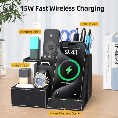TopMade Fast Wireless Charger with Desk Organizer,Desk Storage,Multifunctional Desktop Organizer All in One Office Supplies and Desk Accessories Organizer with 3 Compartments and 1 Phone Stand in Kuwait