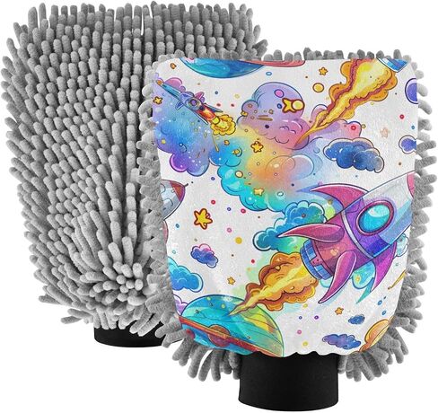 Absorbent Microfiber Car Wash Drying Mitts, 2 Pack, Scratch-Free & Lint-Free, Rich Foam, Highly Absorbent, Double Sided, Wash Mitt Perfect for Car Washing, L, Universe Starry Sky Rocket (3) in Saudi Arabia