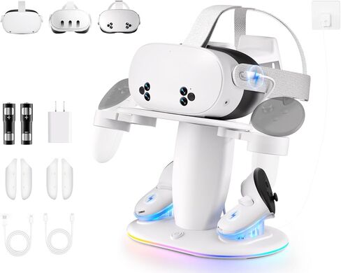 Charging Dock for Meta Quest 3/3s/2 with RGB Light, Display Stand & Fast Charging Station for Headset & Controllers Simultaneously with Rechargeable Batteries (2100mAh*2) and 20W UL AC Adapter in Kuwait