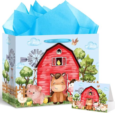Farm Animals Theme Birthday Gift Bag for Girls Baby Shower Pink Farmhouse Barnyard Gift Bag Wrapping Paper Card Large Cows Pigs Gifts Bag for Baby Shower Farm Birthday Party Favors Supplies in Kuwait