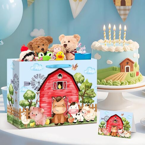 Farm Animals Theme Birthday Gift Bag for Girls Baby Shower Pink Farmhouse Barnyard Gift Bag Wrapping Paper Card Large Cows Pigs Gifts Bag for Baby Shower Farm Birthday Party Favors Supplies in Kuwait
