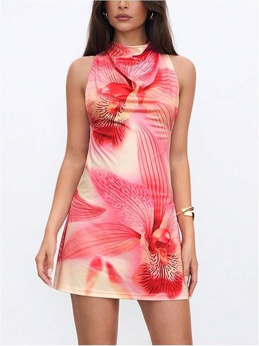 MakeMeChic Women's Y2K Floral Halter Dress Criss Cross Open Back Sleeveless Party Mini Dresses with 3D Flower in Saudi Arabia