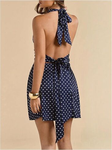 MakeMeChic Women's Polka Dots Halter Dress Tie Backless Ruched Sleeveless Mini Dresses in Saudi Arabia