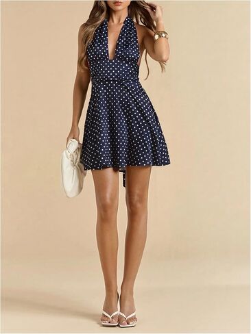 MakeMeChic Women's Polka Dots Halter Dress Tie Backless Ruched Sleeveless Mini Dresses in Saudi Arabia