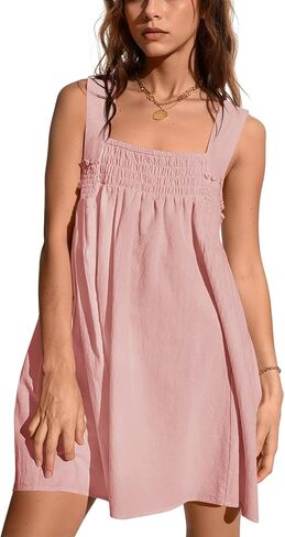 Fisoew Women 's Summer Casual Sleeveless Mini Dress Square Neck Smocked Swing Loose Babydoll Dress in Saudi Arabia