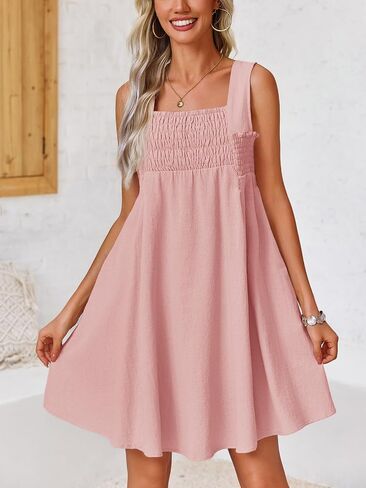 Fisoew Women 's Summer Casual Sleeveless Mini Dress Square Neck Smocked Swing Loose Babydoll Dress in Saudi Arabia