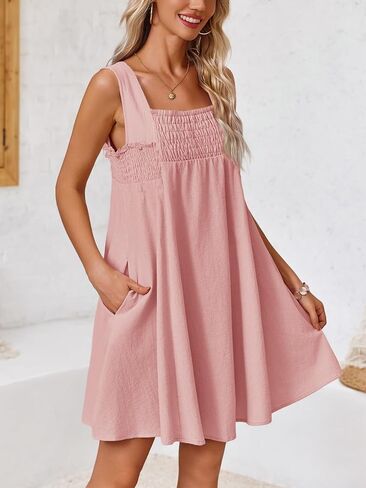 Fisoew Women 's Summer Casual Sleeveless Mini Dress Square Neck Smocked Swing Loose Babydoll Dress in Saudi Arabia