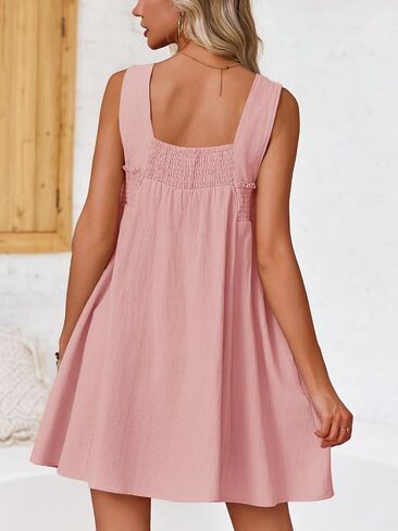 Fisoew Women 's Summer Casual Sleeveless Mini Dress Square Neck Smocked Swing Loose Babydoll Dress in Saudi Arabia