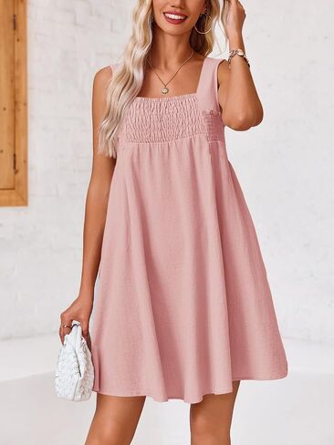 Fisoew Women 's Summer Casual Sleeveless Mini Dress Square Neck Smocked Swing Loose Babydoll Dress in Saudi Arabia
