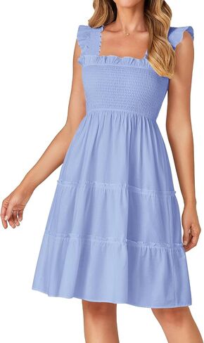 Rooscier Women's Square Neck Smocked Ruffle Sleeveless Tiered A Line Sundress Mini Dress in Saudi Arabia