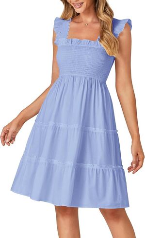 Rooscier Women's Square Neck Smocked Ruffle Sleeveless Tiered A Line Sundress Mini Dress in Saudi Arabia