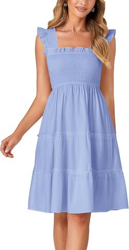 Rooscier Women's Square Neck Smocked Ruffle Sleeveless Tiered A Line Sundress Mini Dress in Saudi Arabia