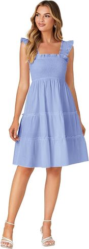 Rooscier Women's Square Neck Smocked Ruffle Sleeveless Tiered A Line Sundress Mini Dress in Saudi Arabia