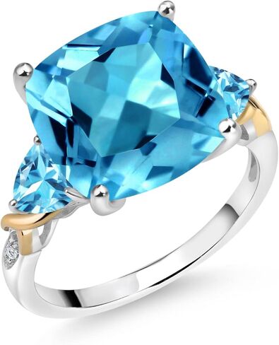 Gem Stone King 9.47 CTTW Swiss Blue Topaz وخاتم الماس للنساء | 925 الفضة والأصفر 10K | وسادة 12mm و 5 مم تريليون | الأحجار الكريمة المولد | متوفر في الحجم 5 ، 6 ، 7 ، 8 ، 9 in Saudi Arabia