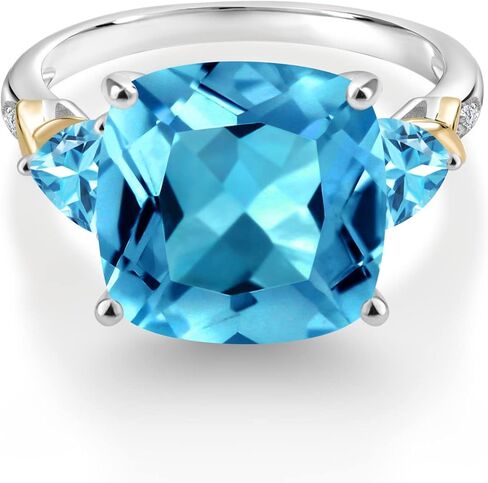 Gem Stone King 9.47 CTTW Swiss Blue Topaz وخاتم الماس للنساء | 925 الفضة والأصفر 10K | وسادة 12mm و 5 مم تريليون | الأحجار الكريمة المولد | متوفر في الحجم 5 ، 6 ، 7 ، 8 ، 9 in Saudi Arabia