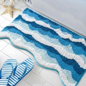 3D المحيط الموجة السجاد الحمام الأزرق 21 × 32 بوصة ، ناعمة وذاتية معنقدة الحمام الشاطئية حصيرة غير قابلة للغسل ، ديكور بحري ساحلي لغرفة نوم الحمام in Kuwait