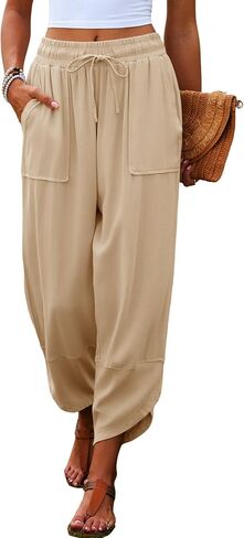 Womens Linen Baggy Wide Leg Pants Drawstring Elastic Waisted Casual Harem Palazzo Trousers with Pockets in Kuwait