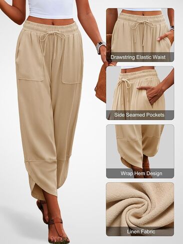 Womens Linen Baggy Wide Leg Pants Drawstring Elastic Waisted Casual Harem Palazzo Trousers with Pockets in Kuwait