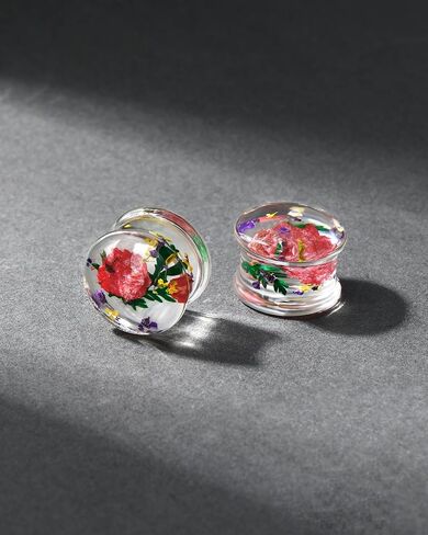 Jewseen 0g-1’’ 2Pcs Real Floral Ear Gauges Plugs Double Flared Ear Tunnels Stretchers Gauges for Women Plugs Piercing Jewelry in Saudi Arabia