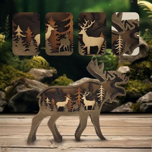 Drawely 3D Wooden Animals Carving, Wood Carving Animals Wall Decor, Modern Festival Forest Sculpture Christmas Living Room Office Decor Birthday Gifts for Friend Daughter Son Mom Dad (Moose) in Kuwait