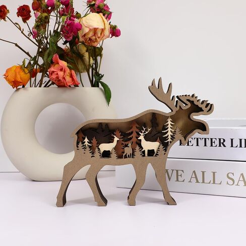 Drawely 3D Wooden Animals Carving, Wood Carving Animals Wall Decor, Modern Festival Forest Sculpture Christmas Living Room Office Decor Birthday Gifts for Friend Daughter Son Mom Dad (Moose) in Kuwait