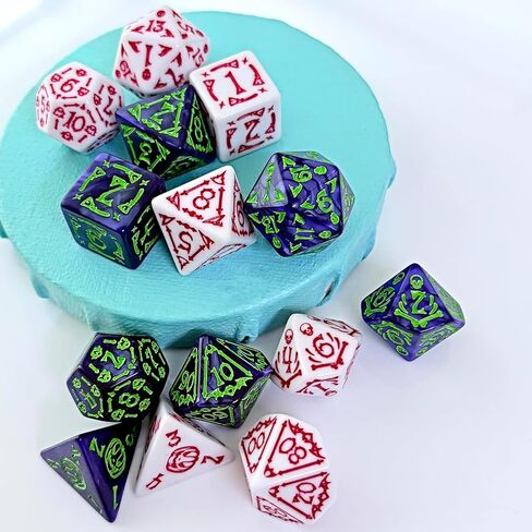 DND DICE 2 × 7Sets ، 14 قطعة تيل ودوامة أرجوانية مع أرقام بيضاء الزهر متعدد السطوح لـ RPG MTG TABLE GAME DICE in Kuwait