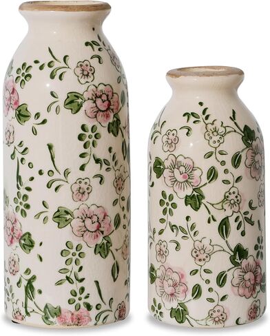 Ceramic Vase Set of 2, Vintage Floral Chinoiserie Vases, Hand-Painted Rustic Decor, Ice Cracked Glaze, Antique Home Decor in Saudi Arabia
