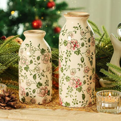 Ceramic Vase Set of 2, Vintage Floral Chinoiserie Vases, Hand-Painted Rustic Decor, Ice Cracked Glaze, Antique Home Decor in Saudi Arabia