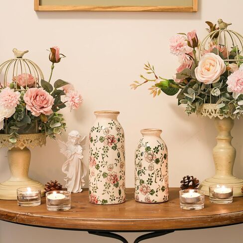 Ceramic Vase Set of 2, Vintage Floral Chinoiserie Vases, Hand-Painted Rustic Decor, Ice Cracked Glaze, Antique Home Decor in Saudi Arabia