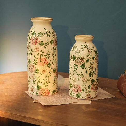 Ceramic Vase Set of 2, Vintage Floral Chinoiserie Vases, Hand-Painted Rustic Decor, Ice Cracked Glaze, Antique Home Decor in Saudi Arabia