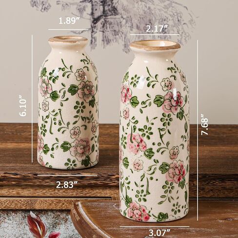 Ceramic Vase Set of 2, Vintage Floral Chinoiserie Vases, Hand-Painted Rustic Decor, Ice Cracked Glaze, Antique Home Decor in Saudi Arabia