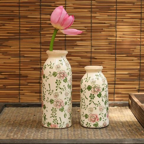 Ceramic Vase Set of 2, Vintage Floral Chinoiserie Vases, Hand-Painted Rustic Decor, Ice Cracked Glaze, Antique Home Decor in Saudi Arabia