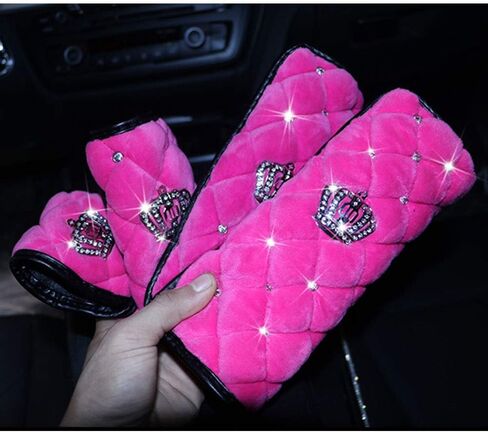 Universal ion Cover Set : Queen's Steering Wheel Cover for Woman Car Seat Belt Shouldads Gear Shift Cover Bling Crown Decor Car in Saudi Arabia