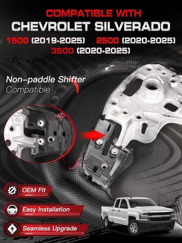 Steering Wheel for Chevy Silverado 2019-2025 Real Carbon Fiber D-shaped Flat-bottom Steering Wheel Nappa Preforated Leather Grip Hand-Stitched for Silverado without Paddle Shifter Models in Saudi Arabia