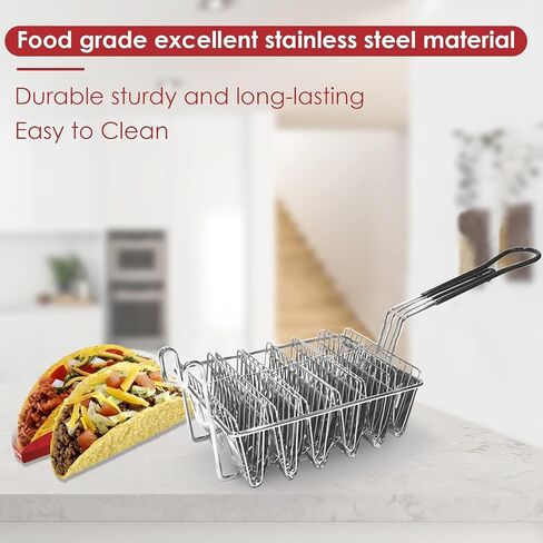 Taco Fryer Basket, Stainless Steel Taco Shell Fry Basket Tortilla Frying Basket, Taco Shell Maker Deep Fry Basket with Detachable Handle, Taco Holder Stand for Commercial and Home Use in Kuwait