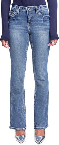 YMI Women's Mid Rise Heavy Stitch Bootcut Cross Sustded Jeans in Kuwait