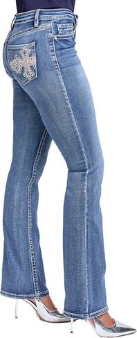 YMI Women's Mid Rise Heavy Stitch Bootcut Cross Sustded Jeans in Kuwait