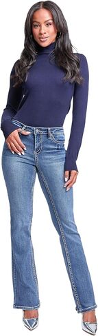 YMI Women's Mid Rise Heavy Stitch Bootcut Cross Sustded Jeans in Kuwait