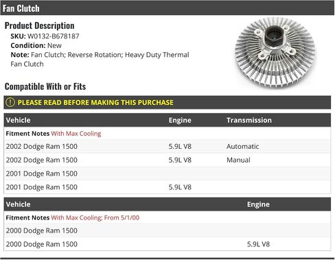 قابض المعجبين - بالخدمة الثقيلة - متوافق مع 2000-2002 دودج رام 1500 5.9L V8 مع Max Cooling in Saudi Arabia