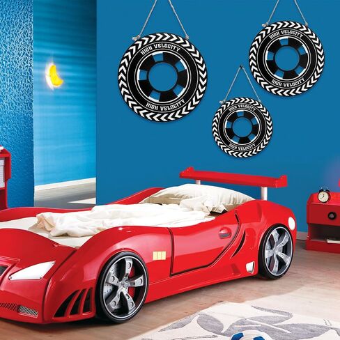 Wesiti 3 PCS Race Car Room Decor 12/10/8 بوصة سباق خشبي سيارة الإطارات العجلة معلقة لصبي in Saudi Arabia