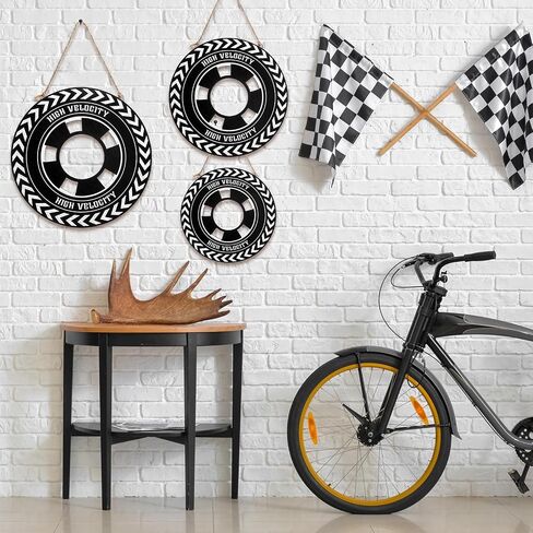 Wesiti 3 PCS Race Car Room Decor 12/10/8 بوصة سباق خشبي سيارة الإطارات العجلة معلقة لصبي in Saudi Arabia