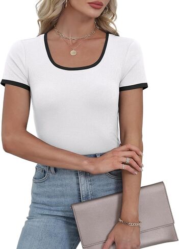 WIHOLL Women's Ribbed Knit Scoop Neck Tees Slim Fit Short Sleeve Tops Summer 2025 Trendy Basic Tshirts in Saudi Arabia