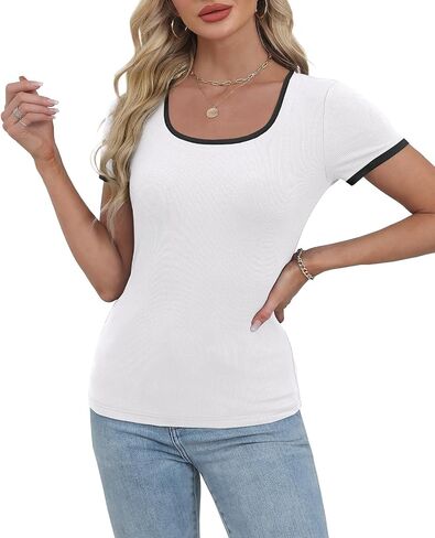 WIHOLL Women's Ribbed Knit Scoop Neck Tees Slim Fit Short Sleeve Tops Summer 2025 Trendy Basic Tshirts in Saudi Arabia