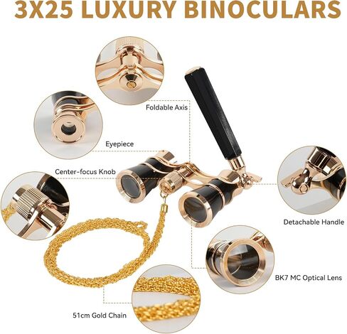 3X25 Opera Glasses for Women with Adjustable Handle & Chain,BK9 Optical Lens, Vintage Compact Mini Theater Binoculars Adults Kids in Opera Musical Concert-White in Saudi Arabia